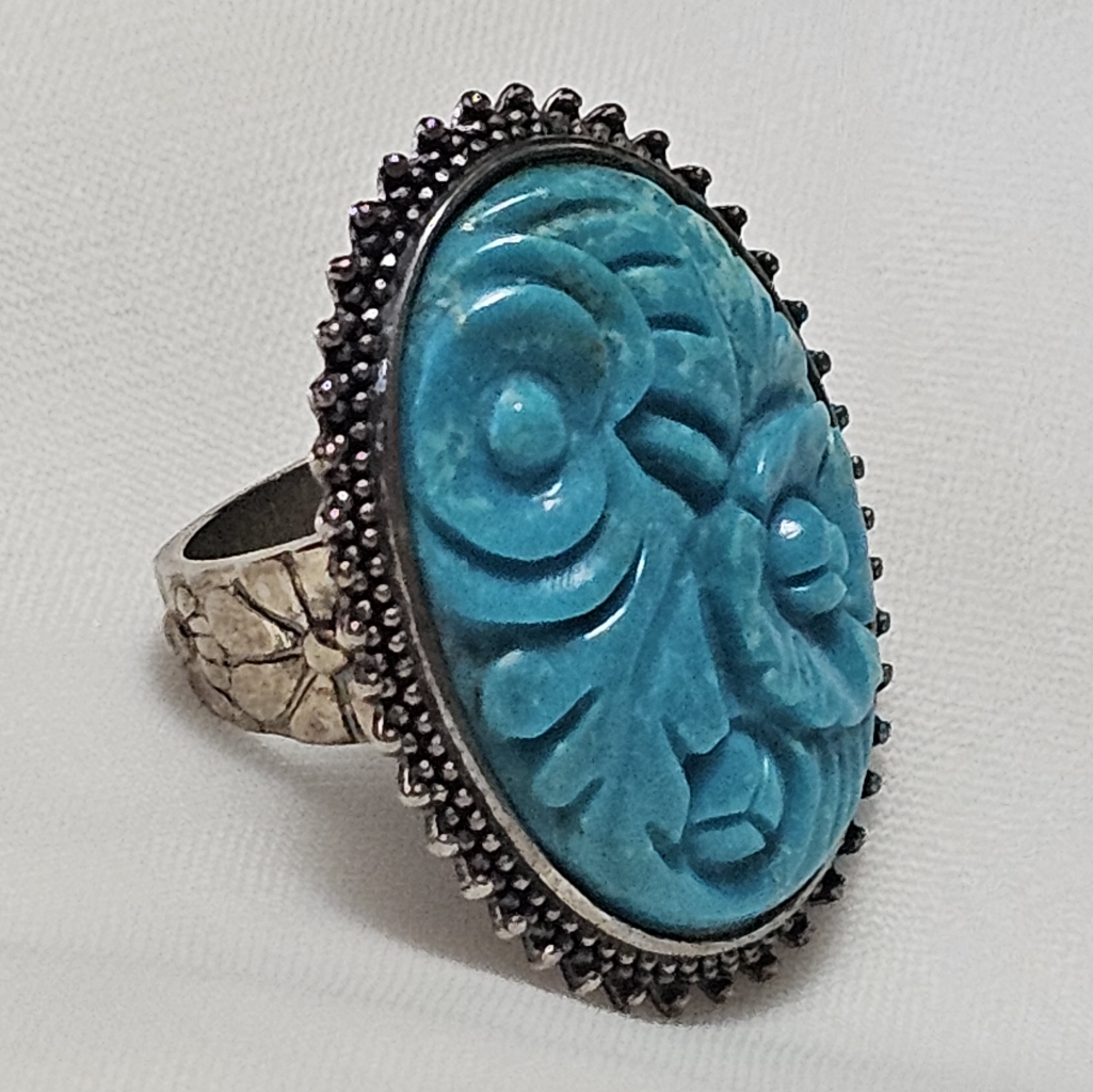 Vtg Akr Amy Kahn Russell 925 Sterling Silver Carved Turquoise Size 8 Ring Band 120$